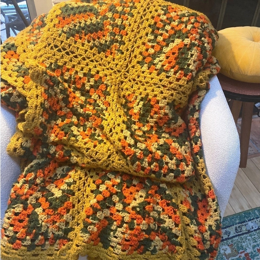 Vintage Handmade Crochet Afghan gold,green,orange King Sz Boho 70s Grannycore
